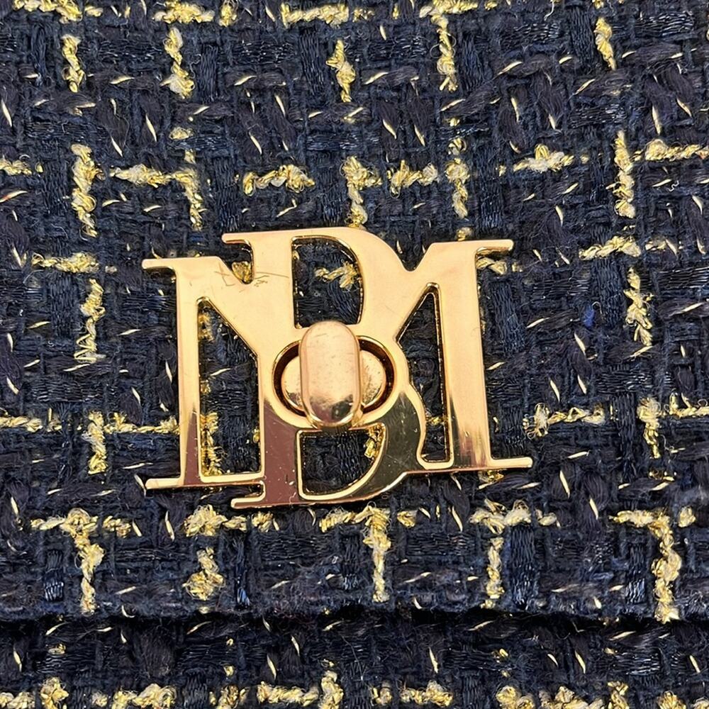 Badgley Mischka Purse Navy Blue Textured Messenger Bag Crossbody Gold Accents - Picture 4 of 11